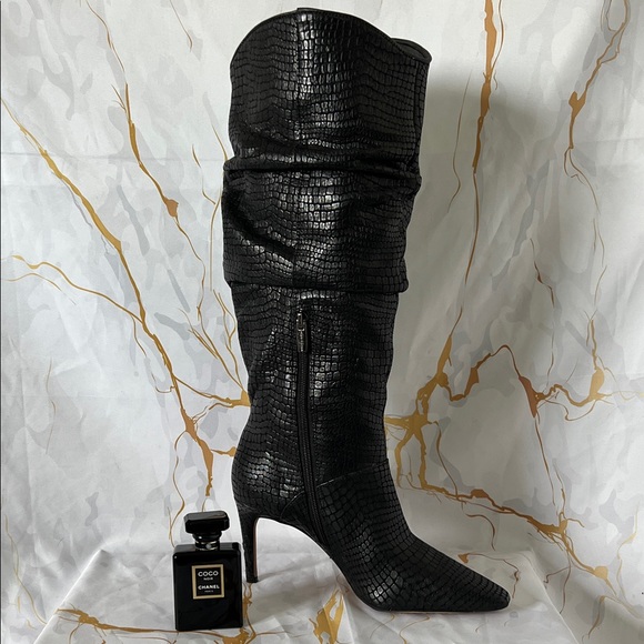 Vince Camuto Shoes - Vince Camuto Armonda black crocodile-embossed leather slouchy boots